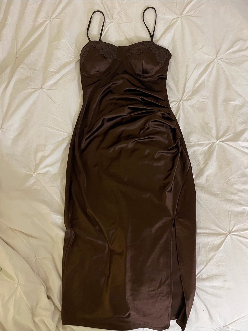 Satin Spaghetti-Strap Bodycon Dress in Brown